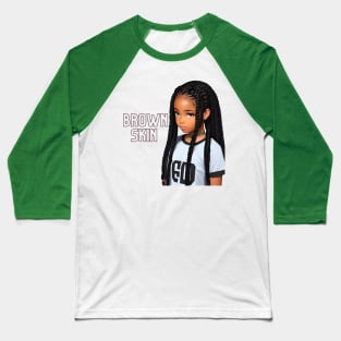 Brown Skin Long Braid Kids Baseball T-Shirt